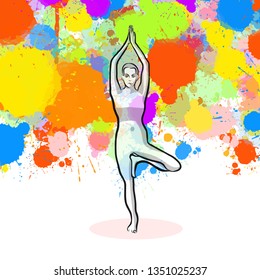 Creative tree Yoga Pose with colorful background. Hand-drawn vector illustration, healthy exercise series.