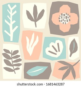 creative trendy abstract paper cut out collage elements background in minimal flat style with simple hand drawn shapes ideal for social media templates, neutral colors