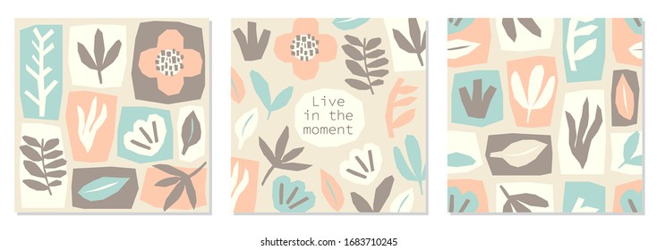 Creative trendy abstract paper cut out collage set backgrounds in minimal flat style with simple hand drawn shapes ideal for social media templates, neutral colors