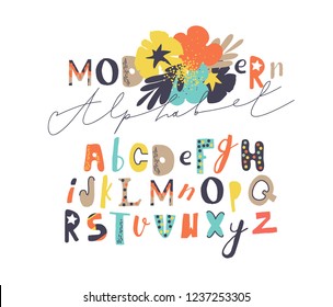 Creative trendy Alphabet. Positive letters. Seamless flowers illustration. Design for childrens. Vector unique hand drawn typography for design.