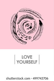 Creative trendy art posters with hand drawn feathers. Vector. Isolated.