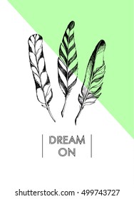 Creative trendy art posters with hand drawn feathers. Vector. Isolated.