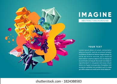 Fondo creativo de moda. Resumen del objeto 3d con gotas de cristal y líquido. Estructura caótica e irregular. Plantilla de diseño de vectores. La emoción brillante y el arte creativo.