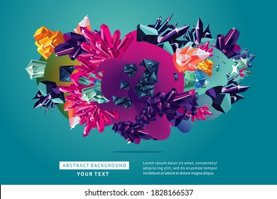 Kreativer, trendiger Hintergrund. Abstraktes 3D-Objekt mit Kristall und flüssigen Tropfen. Chaotische und unregelmäßige Struktur. Vektordesign-Vorlage. Helle Emotion und Kreativität Kunst.
