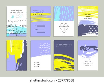 Creative trendy cards. Abstract painting templates with hipster logotypes. Handmade texture. Wedding, marriage, bridal, birthday, Valentine's day. Isolated 