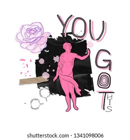 Creative trendy collage with marble statue of man, shapes inspiration quote and rose. 