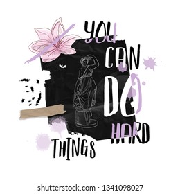 Creative trendy collage with marble statue of greek goddess, lily and inspiration quote. 