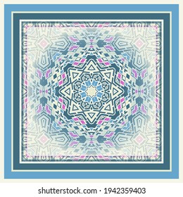 Creative trendy color abstract geometric mandala pattern in white blue pink, can be used for printing onto fabric, interior, design, textile. Scarf design. Frame.