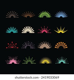 Creative trendy colorful set of half circle abstract isolated different shapes sunbeams icons design elements template on black background