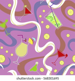 Creative trendy seamless pattern with cocktails, citrus and waves for your design project. Bright colors.