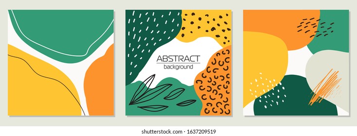 Creative trendy set of backgrounds with hand drawn abstract shapes and line art, ideal for social media, banner, poster, email, newsletter, leaflet, brochure, flyer, web in trendy vibrant colors