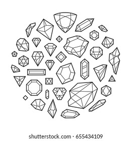 Creative trendy set of diamond shapes, vector design elements. Crystal and shiny gem abstract background. Hipster style gemstone forms, different flat icon collection