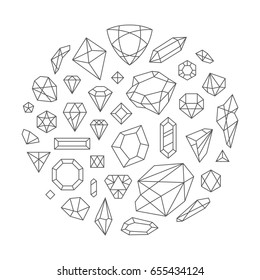 Creative trendy set of diamond shapes, vector design elements. Crystal and shiny gem abstract background. Hipster style gemstone forms, different flat icon collection