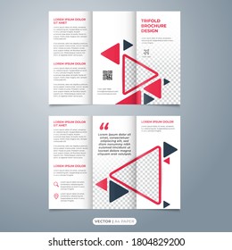 Creative tri fold brochure design template, abstract red triangle on flyer layout vector, multipurpose leaflet on a4 paper size