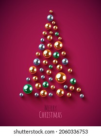 Creativo árbol de Navidad triangular hecho de bolas brillantes. Feliz Navidad y feliz año nuevo. Ilustración del vector