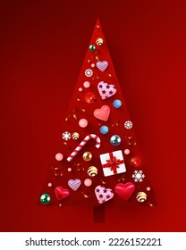 Creative triangle Christmas tree made of shiny balls, confetti, candies and hearts. Merry Christmas and happy new year. Vector illustration