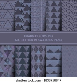 Creative triangle shape style seamless pattern set. Can be used in cover design, book design, website background,
 CD cover or advertising.