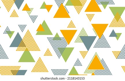Creative triangle shapes seamless pattern vector design. Fashion fabric patchwork design. Colorful triangles motion backdrop. Mix triangular shapes endless pattern.