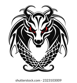 Creative Tribal Dragon Logo Design Vector Illustration. Scandinavian Viking design. Dragon head painted in Old Norse Celtic style, isolated on black, vector illustration