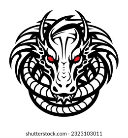 Creative Tribal Dragon Logo Design Vector Illustration. Scandinavian Viking design. Dragon head painted in Old Norse Celtic style, isolated on black, vector illustration
