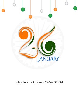 Creative tricolor text of 26 January on white background decorated with hanging baubles in Indian flag colors.