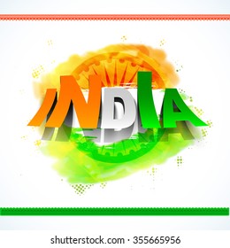 Creative tricolour text India on Ashoka Wheel decorated background for Happy Indian Republic Day celebration.