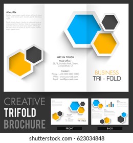 Creative Tri-Fold Brochure, Template design with geometric hexagonal shapes for Business concept.