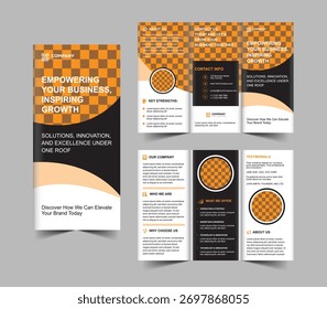 Plantilla creativa de folleto de negocios Trifold. Diseño de Profesional Corporativa naranja negro. 