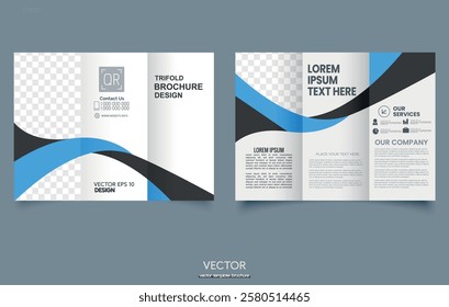 Creative tri-fold template. Abstract geometric background leaflet layout. Black and blue color vector illustration..