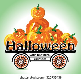 Creative trolley with sides in the form of the word "Halloween", loaded with Halloween pumpkins