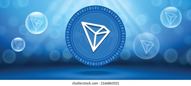 Creative Tron (TRX) crypto currency coin with symbol of the virtual electronic cash. Vector illustration template for banners, web backgrounds and wallpaper design. 