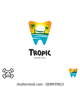 A creative Tropic Dental concept logo, The primary design showcases a tooth silhouette containing a vibrant beach sunset with palm trees, a hammock, and ocean waves. This set includes a playful black and white pirate tooth with crossbones and a simplified colorful badge. Rendered in a bright orange, yellow, and turquoise palette, these graphics are perfect for family dentistry, pediatric dental care, and vacation-themed dental branding.