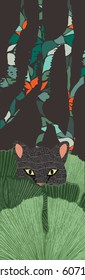 Creative Tropical Bookmark Illustration. Wild Feline Stalking. Hand drawn textures 