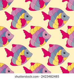 Creative tropical fish seamless ornament vector. Oceanic fauna swimming. Kids fashion fabric print. Tropical fish flat graphic design. Multicolor scales, fins