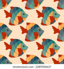 Creative tropical fish seamless pattern vector. Marine creatures diving. Baby fashion tissue print. Tropical fish marine life illustration. Different color squama, tail