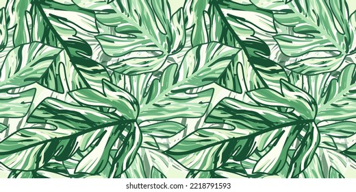 Creative tropical leaves seamless pattern in sketch style. Palm leaf endless floral background. Abstract foliage ornament. Nature wallpaper. Exotic plant backdrop. For fabric design, textile print