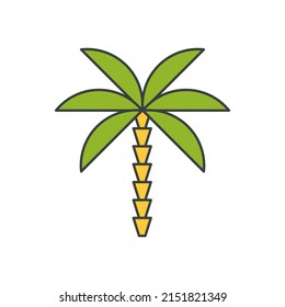 Creative tropical palm tree pop art groovy style t shirt print decorative design vector cartoon illustration. Comic summer vacation exotic island wood plant with greenery leaves and contoured trunk