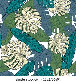 Creative tropical pattern, botanical leaf seamless pattern. Palm leaves backdrop. Modern exotic design for printing, textile, fabric, fashion, interior, wrapping paper. Vector illustration