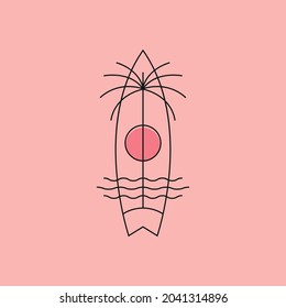 diseño de símbolo vectorial del logotipo del arte de la línea de palmas oceánicas y del surf tropical creativo