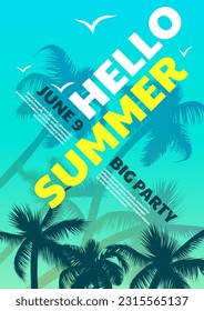 Creative tropical vector illustration featuring colorful gradient background, palm leaves silhouettes and typography ideal for summer party flyers, posters templates with beach, vacation and holiday