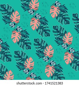 Creative tropical vector pattern with tiger and palm leaves. Fashion jungle and predators print for design, web, card, poster, cover, invitation.