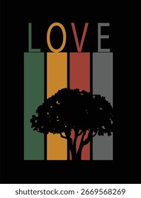 "Diseño creativo de camiseta con la palabra AMOR con coloridas rayas de Vertical de estilo retro en el fondo y una silueta de un árbol en primer plano. Ilustración vintage moderna perfecta para appa