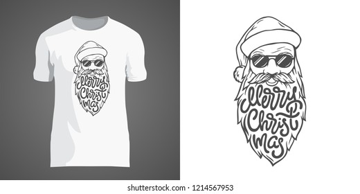 Creative t-shirt design with illustration of Santa in sunglasses with big beard. Lettering Merry Christmas in form of beard. T-shirt design for New Year party and Christmas holidays. EPS10