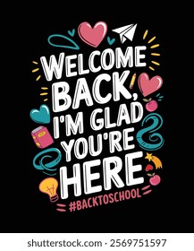 Creative t-shirt design with the text 'Welcome Back I'm Glad You're Here.' Perfect for back-to-school events, teachers, students, and school-themed merchandise or gifts.Welcome Back to School