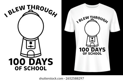Um design gráfico criativo de camiseta comemorando o centésimo dia de aula, com uma ilustração da máquina de jubarte e o ditado brincalhão, "I Blew Through".