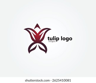 creative tulip flower logo, abstract tulip flower with two leaves below, logo design template