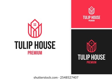 Creative tulip house logo with line style design vector template illustration idea