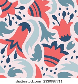 Creative tulip seamless pattern. Modern fabric design with flowers, leaves and dots. Wavy Matisse inspired style for woman. Repeat vector illustration