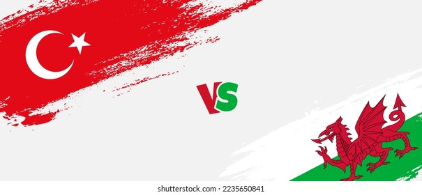 Creative Turkey vs Wales brush flag illustration. Artistic brush style two country flags relationship background