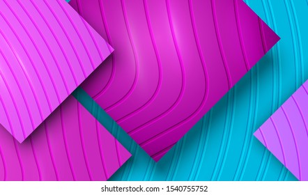 Creative Turquoise Background, Purple Violet Plastic Pieces. Carving Paper Style. Concept Landing Page for Card, Banner, Poster, Cover, Flyer, Journal, Magazine, Template. 3D Art Vector Illustration.